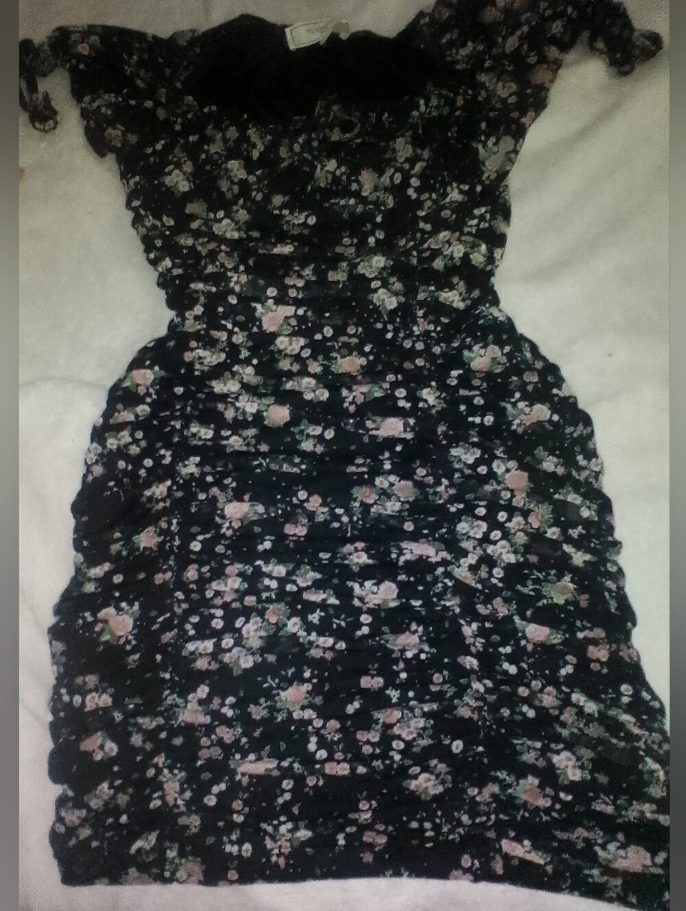 Floral Ruched Black Dress with Pink Flowers